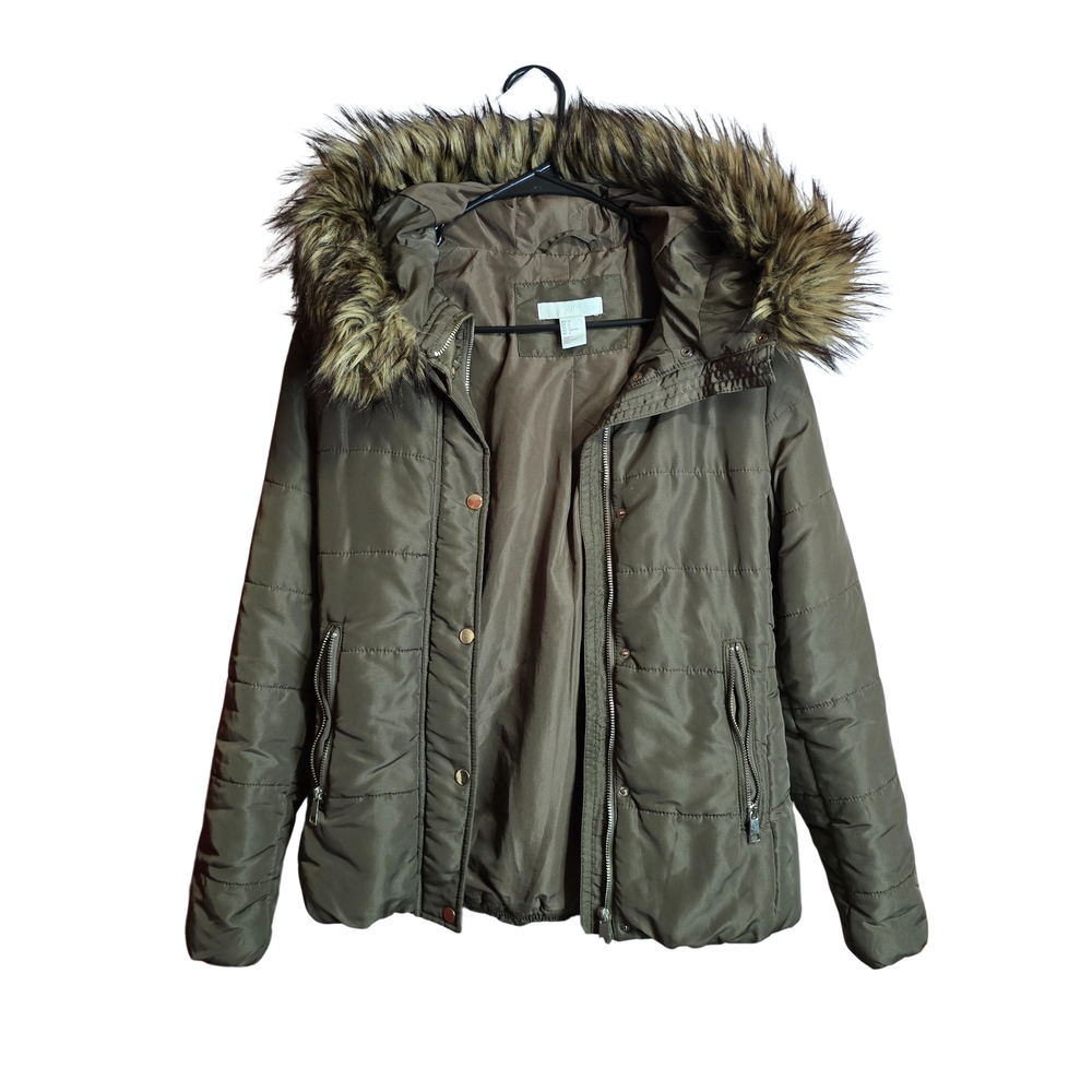 H&M Khaki Puffer Jacket with Faux Fur Hood
